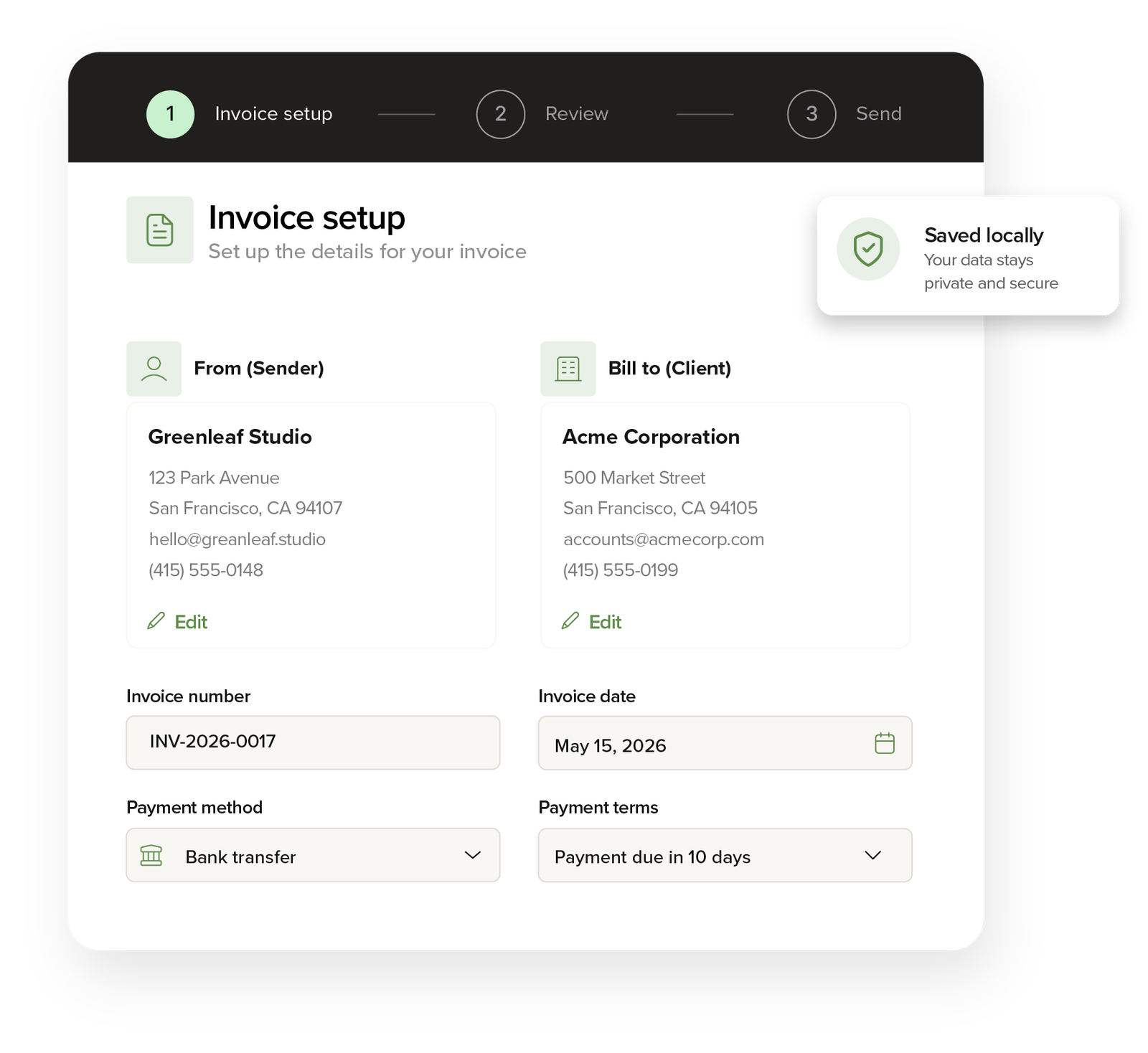 Invoice details setup preview